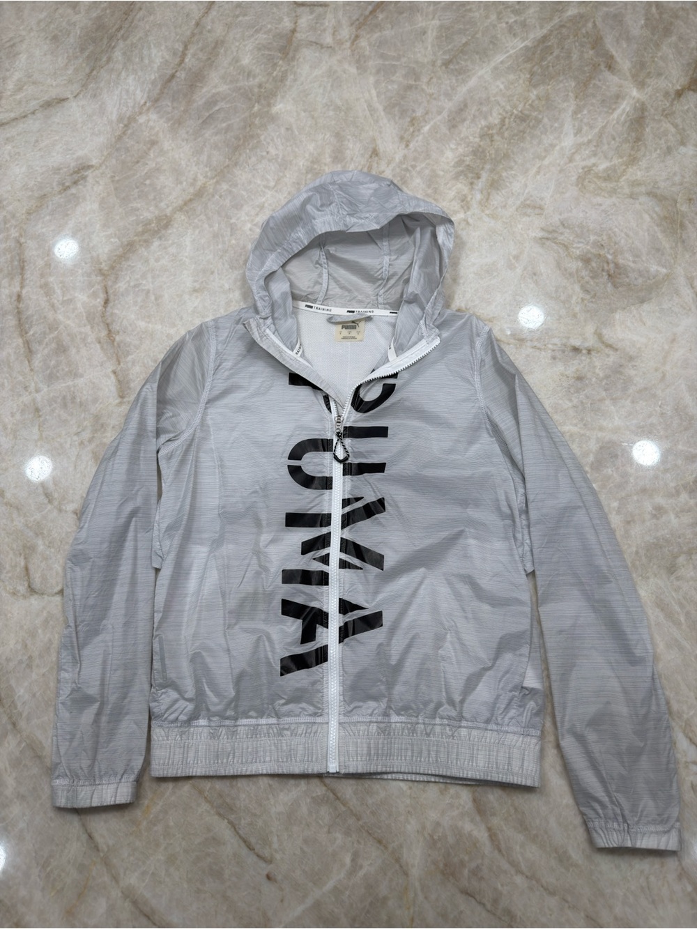 Puma Light Gray Hooded Windbreaker with Black Vertical Logo for Women